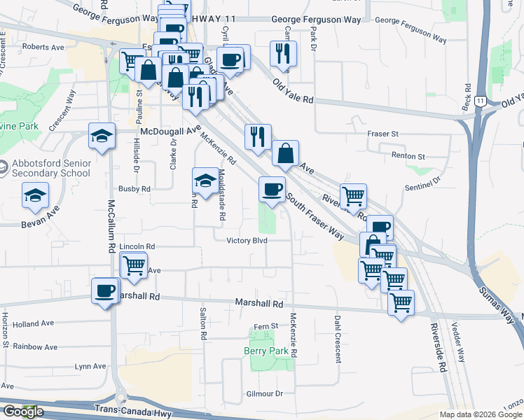 map of restaurants, bars, coffee shops, grocery stores, and more near in Abbotsford