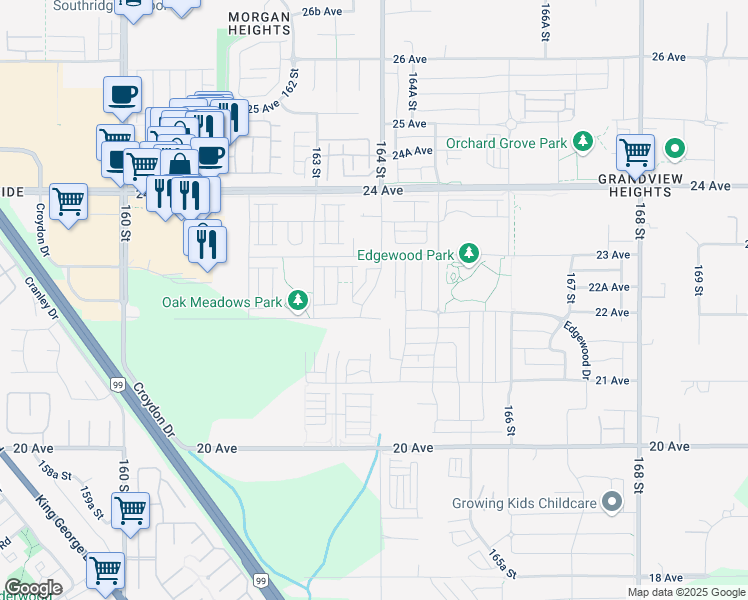 map of restaurants, bars, coffee shops, grocery stores, and more near 2218 Oak Meadows Drive in Surrey