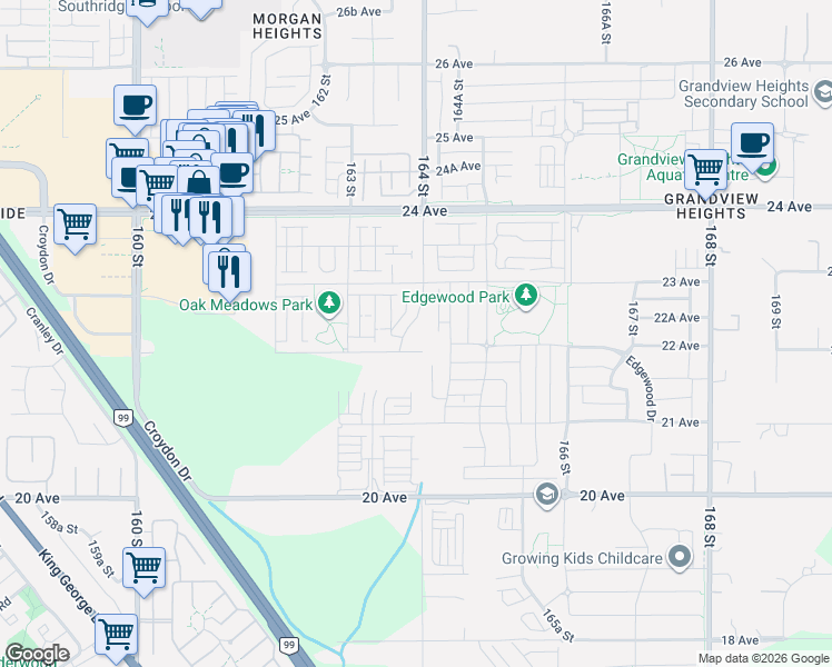 map of restaurants, bars, coffee shops, grocery stores, and more near 2218 Oak Meadows Drive in Surrey