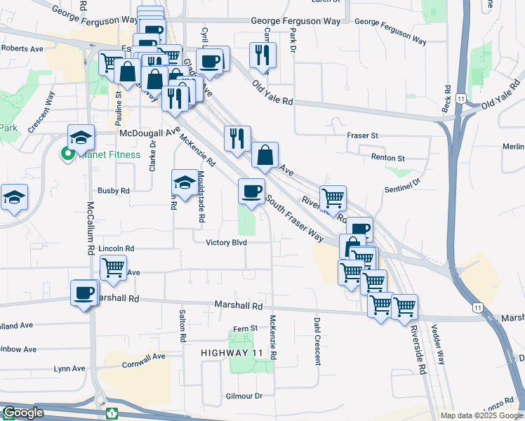 map of restaurants, bars, coffee shops, grocery stores, and more near 2233 McKenzie Road in Abbotsford