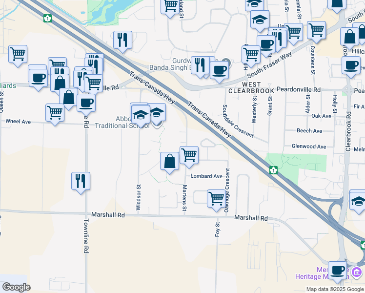map of restaurants, bars, coffee shops, grocery stores, and more near 31496 Cougar Court in Abbotsford