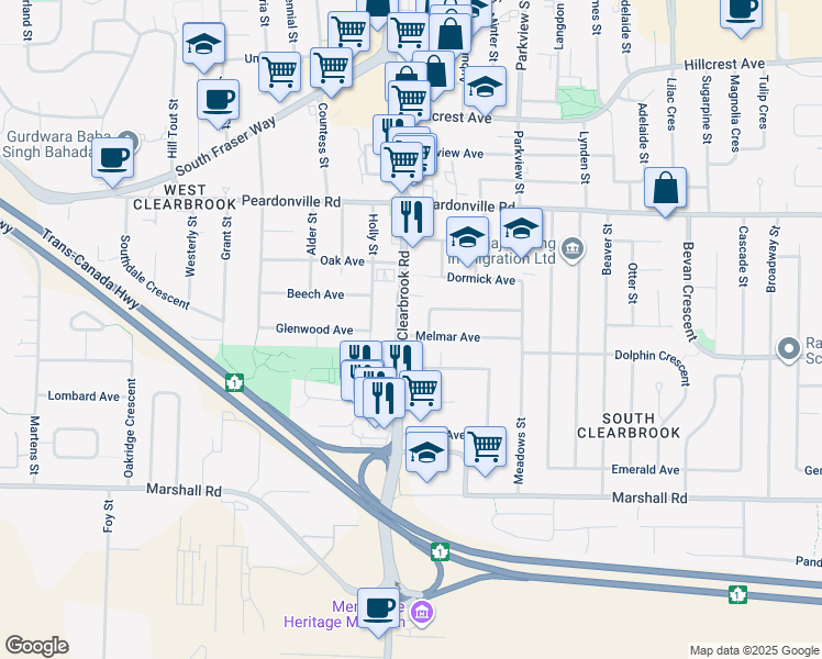 map of restaurants, bars, coffee shops, grocery stores, and more near 32007 Melmar Avenue in Abbotsford