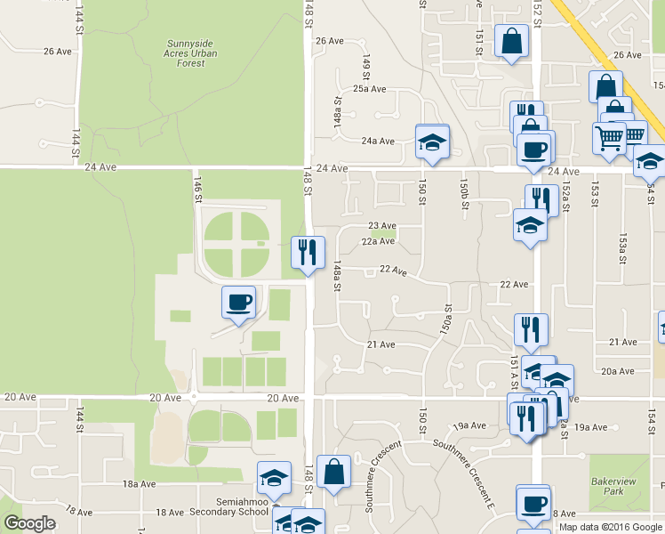 map of restaurants, bars, coffee shops, grocery stores, and more near 2211 148A Street in Surrey