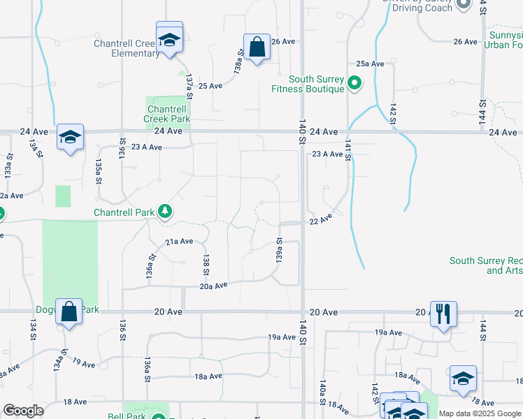 map of restaurants, bars, coffee shops, grocery stores, and more near 13930 22A Avenue in Surrey