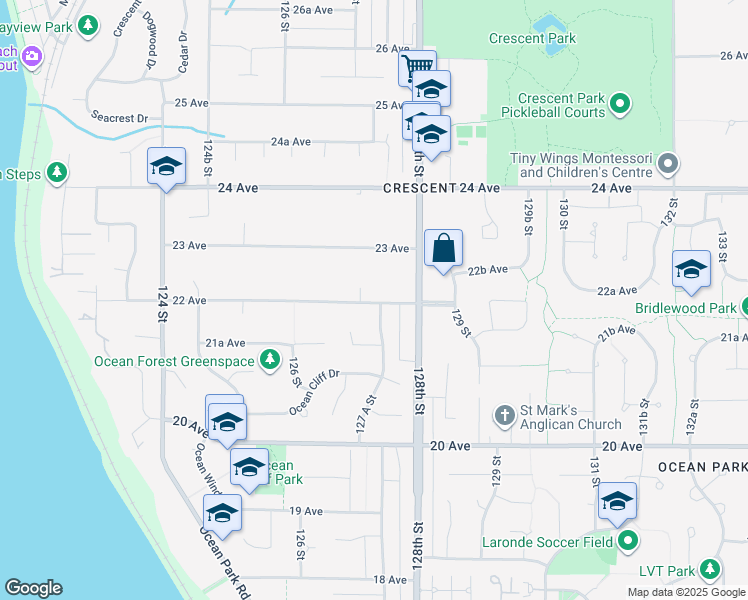 map of restaurants, bars, coffee shops, grocery stores, and more near 12733 22 Avenue in Surrey