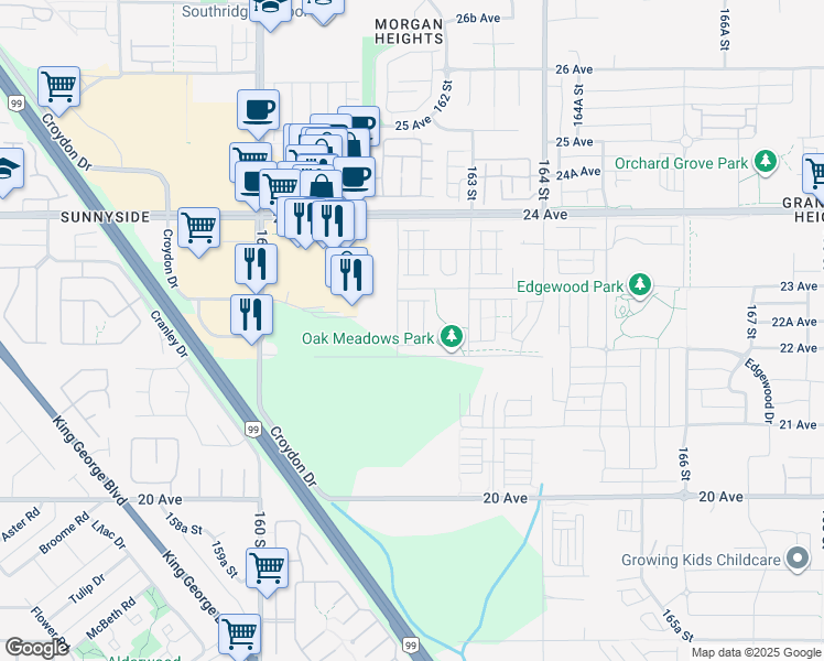map of restaurants, bars, coffee shops, grocery stores, and more near 2228 162 Street in Surrey