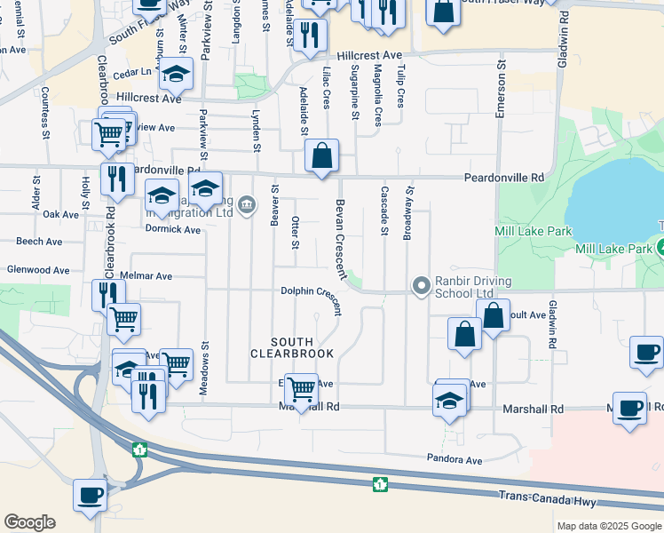 map of restaurants, bars, coffee shops, grocery stores, and more near 2241 Bevan Crescent in Abbotsford