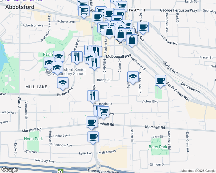 map of restaurants, bars, coffee shops, grocery stores, and more near 33672 Rockland Avenue in Abbotsford