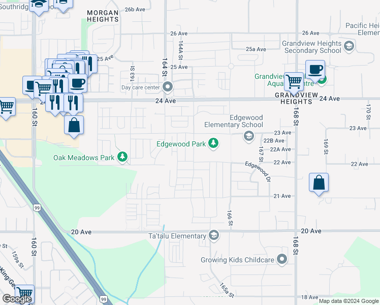 map of restaurants, bars, coffee shops, grocery stores, and more near 2229 165 Street in Surrey