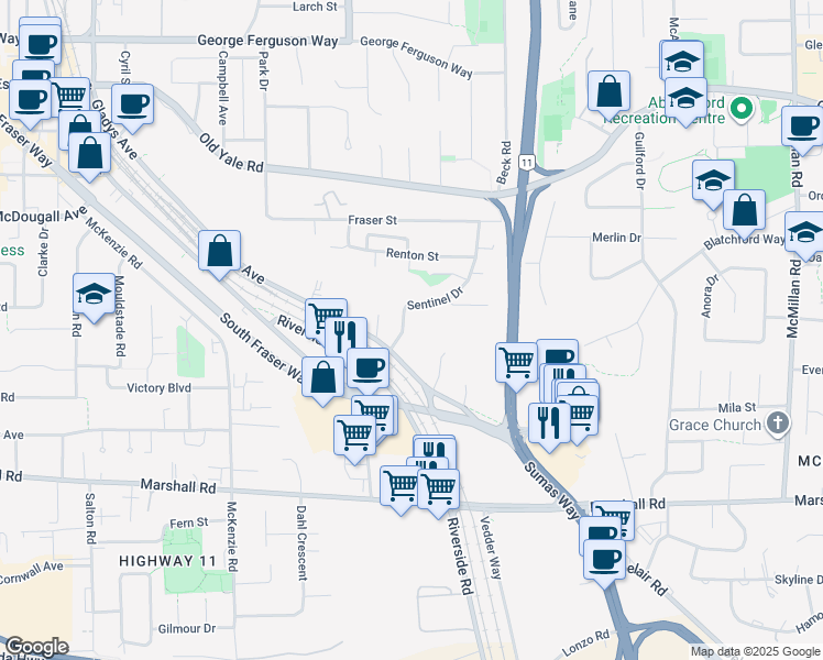 map of restaurants, bars, coffee shops, grocery stores, and more near 2250 Sentinel Drive in Abbotsford