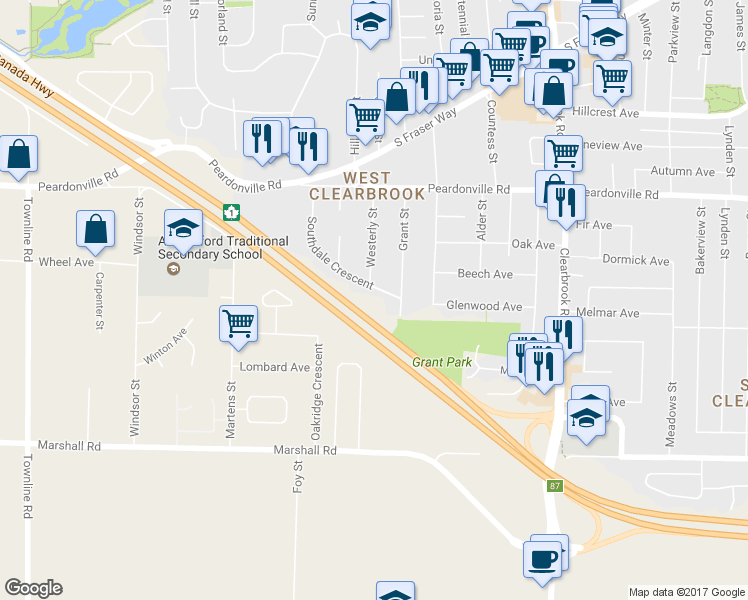 map of restaurants, bars, coffee shops, grocery stores, and more near in Abbotsford
