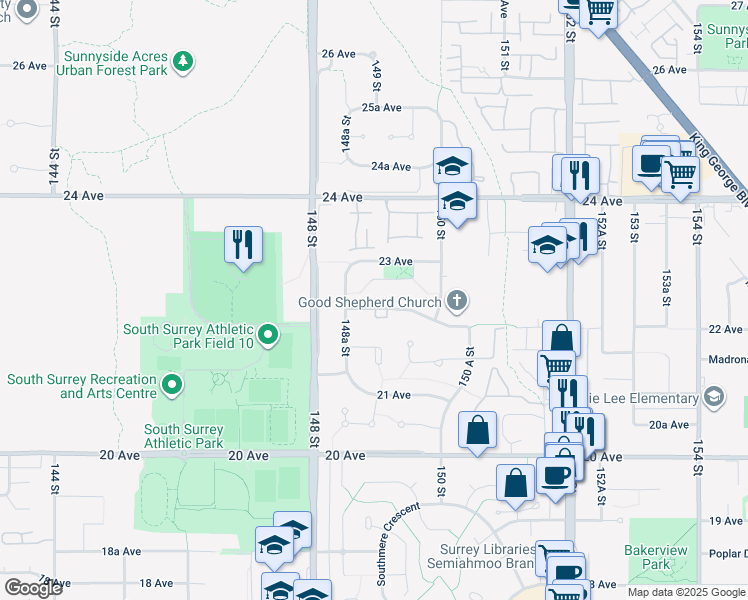map of restaurants, bars, coffee shops, grocery stores, and more near 14897 22 Avenue in Surrey