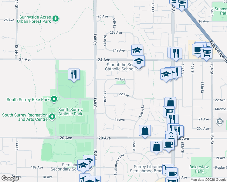 map of restaurants, bars, coffee shops, grocery stores, and more near 14897 22 Avenue in Surrey