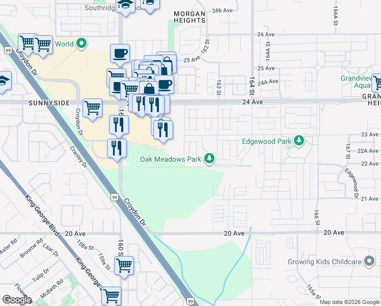 map of restaurants, bars, coffee shops, grocery stores, and more near 2228 162 Street in Surrey