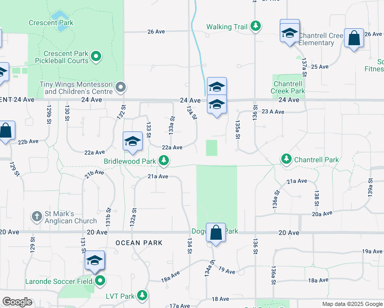 map of restaurants, bars, coffee shops, grocery stores, and more near 2233 134 Street in Surrey