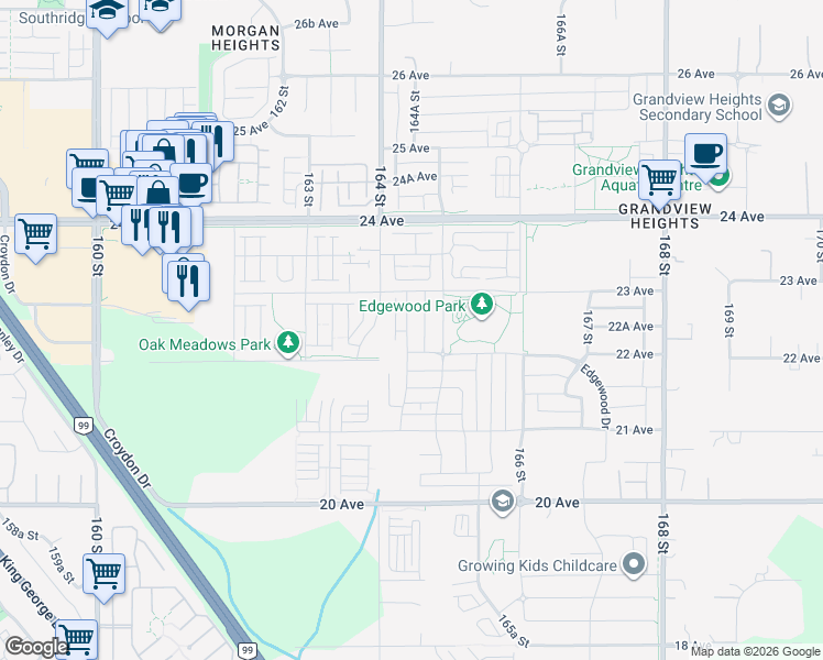 map of restaurants, bars, coffee shops, grocery stores, and more near 2238 164A Street in Surrey