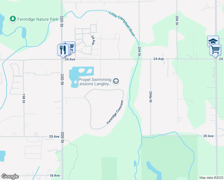 map of restaurants, bars, coffee shops, grocery stores, and more near 20077 Fernridge Crescent in Langley