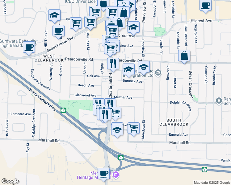 map of restaurants, bars, coffee shops, grocery stores, and more near 32037 Debreen Crescent in Abbotsford