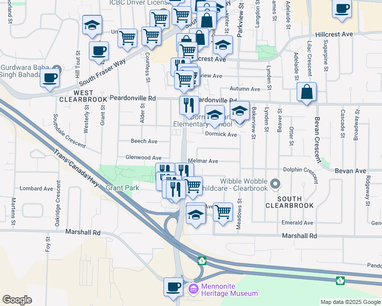 map of restaurants, bars, coffee shops, grocery stores, and more near 32007 Melmar Avenue in Abbotsford