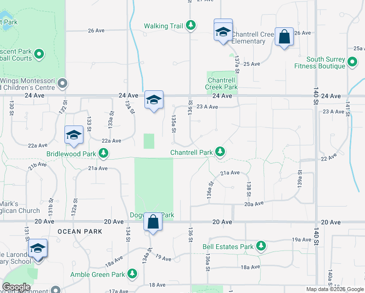 map of restaurants, bars, coffee shops, grocery stores, and more near 13572 22A Avenue in Surrey
