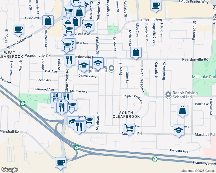 map of restaurants, bars, coffee shops, grocery stores, and more near 2252 Bakerview Street in Abbotsford