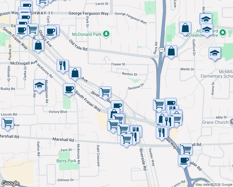 map of restaurants, bars, coffee shops, grocery stores, and more near 3729 Gladys Avenue in Abbotsford