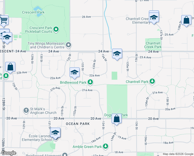 map of restaurants, bars, coffee shops, grocery stores, and more near 13368 22A Avenue in Surrey