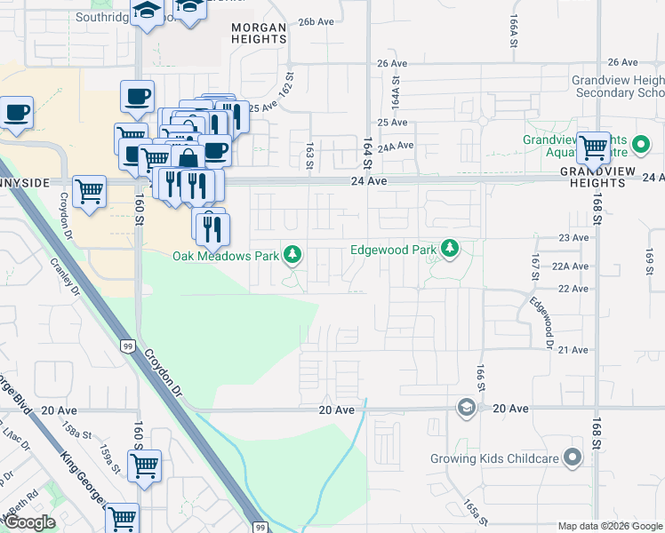 map of restaurants, bars, coffee shops, grocery stores, and more near 2359 164 St in Surrey