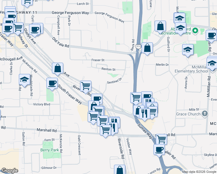 map of restaurants, bars, coffee shops, grocery stores, and more near 2260 Sentinel Drive in Abbotsford