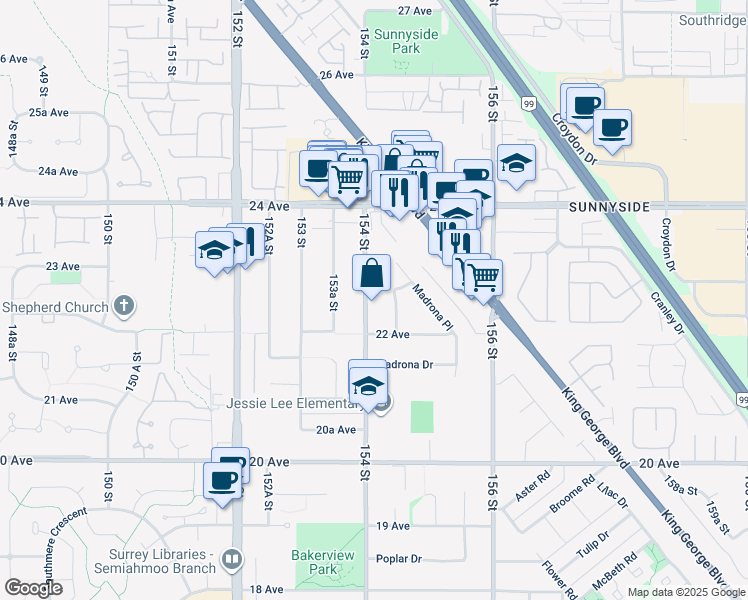 map of restaurants, bars, coffee shops, grocery stores, and more near 2252 154 Street in Surrey