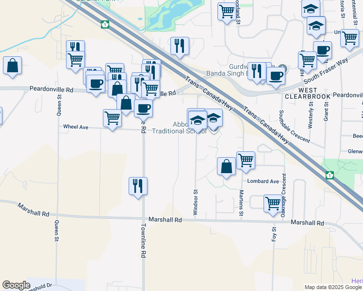 map of restaurants, bars, coffee shops, grocery stores, and more near 2204 Carpenter Street in Abbotsford