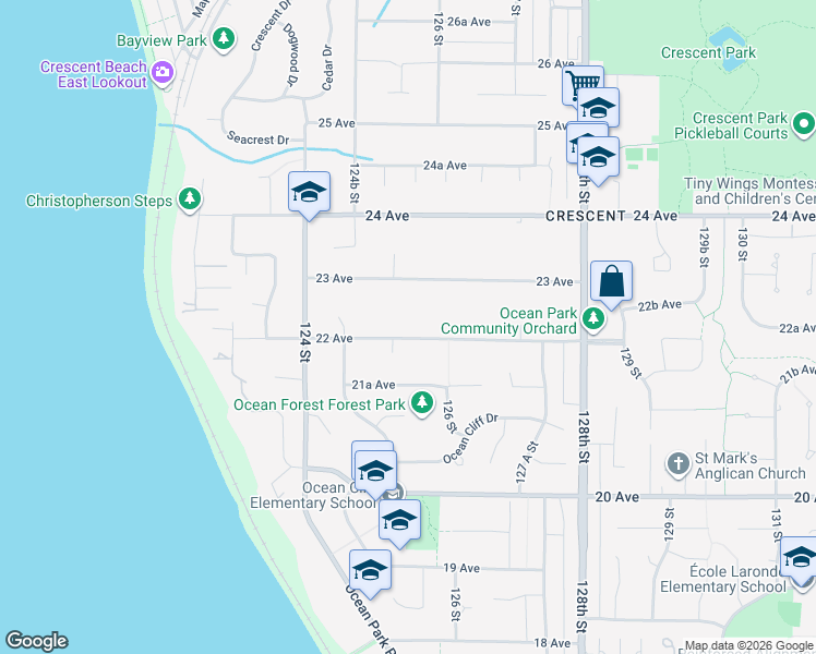 map of restaurants, bars, coffee shops, grocery stores, and more near 12551 22 Avenue in Surrey