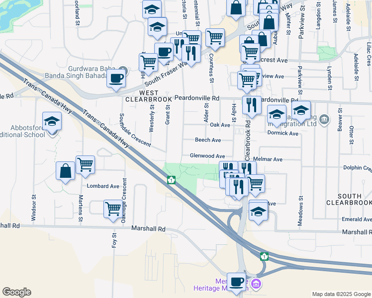 map of restaurants, bars, coffee shops, grocery stores, and more near 2244 Center Street in Abbotsford