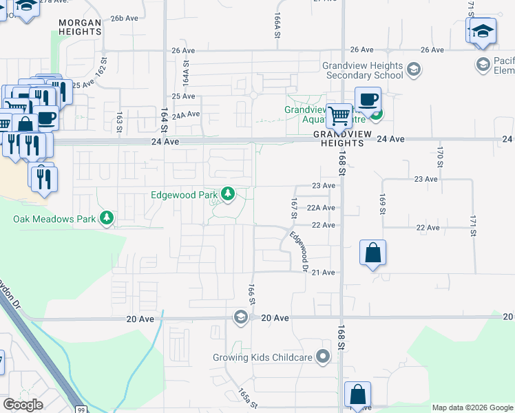 map of restaurants, bars, coffee shops, grocery stores, and more near 2248 166 Street in Surrey