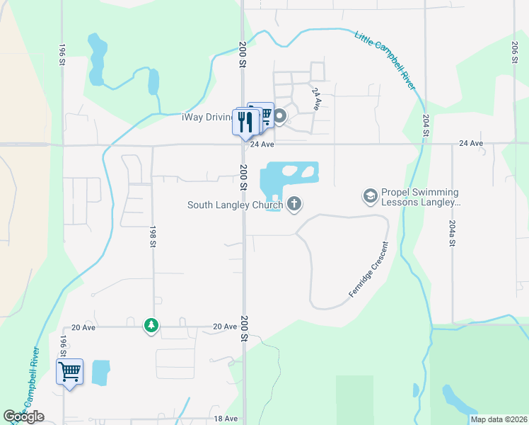 map of restaurants, bars, coffee shops, grocery stores, and more near 2242 200 Street in Langley Township