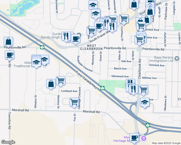 map of restaurants, bars, coffee shops, grocery stores, and more near 31690 Southdale Crescent in Abbotsford