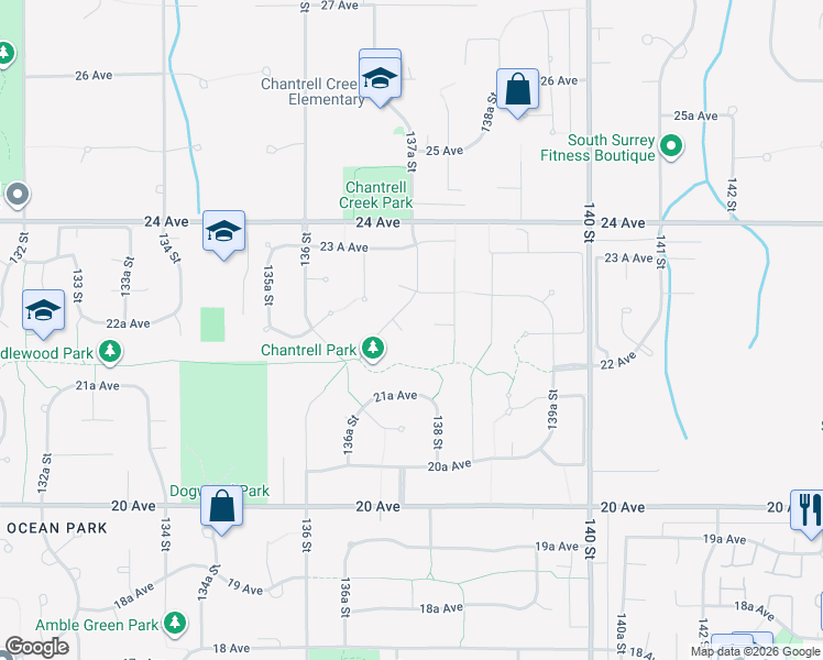 map of restaurants, bars, coffee shops, grocery stores, and more near 13711 22B Avenue in Surrey