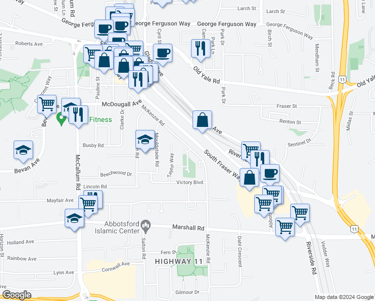 map of restaurants, bars, coffee shops, grocery stores, and more near in Abbotsford