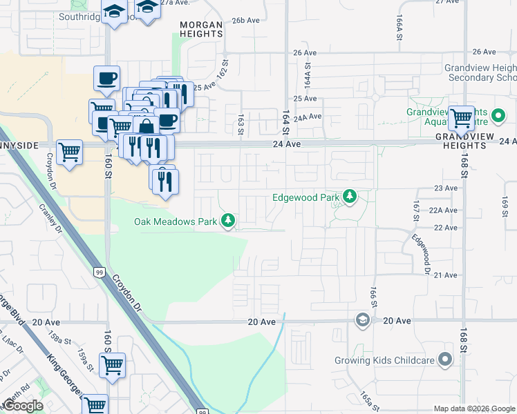 map of restaurants, bars, coffee shops, grocery stores, and more near 2280 163 Street in Surrey