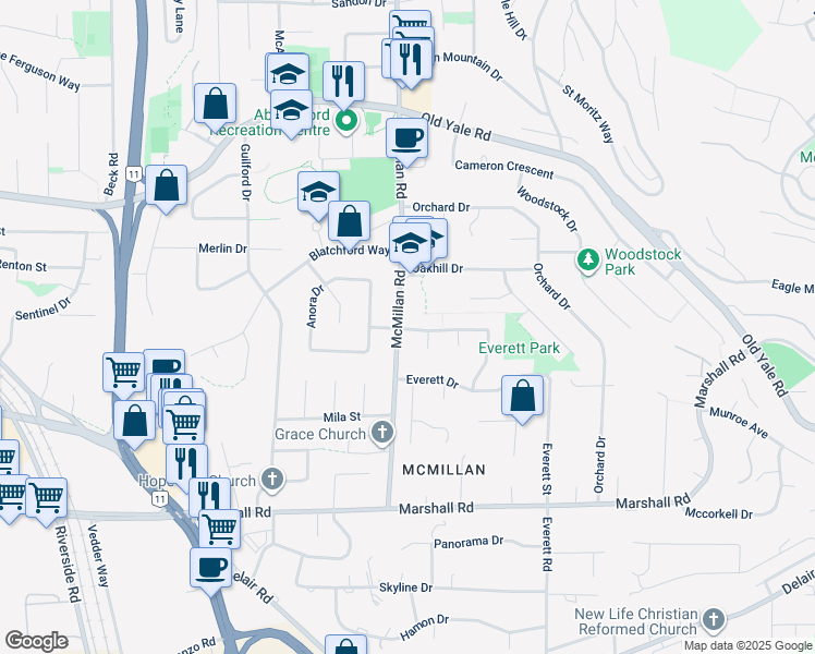 map of restaurants, bars, coffee shops, grocery stores, and more near 34805 Champlain Crescent in Abbotsford