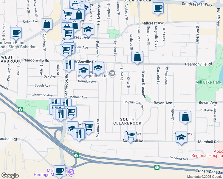map of restaurants, bars, coffee shops, grocery stores, and more near 2259 Lynden Street in Abbotsford