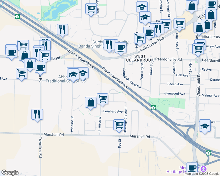 map of restaurants, bars, coffee shops, grocery stores, and more near 2211 Crystal Court in Abbotsford