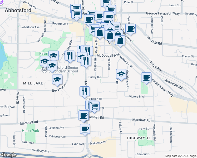map of restaurants, bars, coffee shops, grocery stores, and more near 33682 Busby Road in Abbotsford