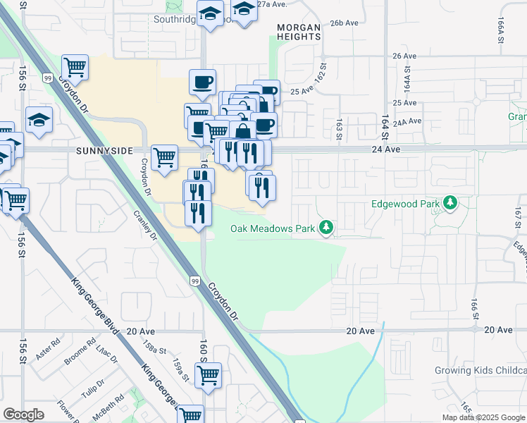 map of restaurants, bars, coffee shops, grocery stores, and more near 16050 24 Avenue in Surrey