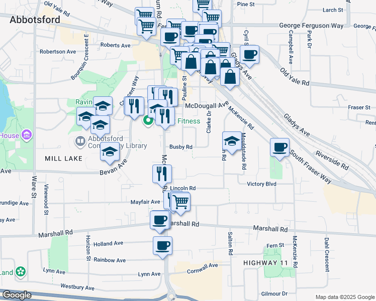 map of restaurants, bars, coffee shops, grocery stores, and more near 33682 Busby Road in Abbotsford