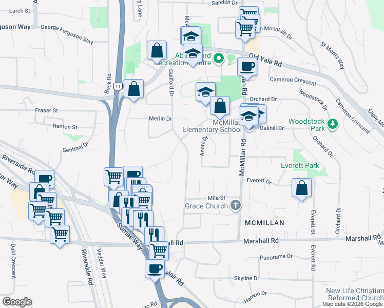 map of restaurants, bars, coffee shops, grocery stores, and more near 2228 Guilford Drive in Abbotsford