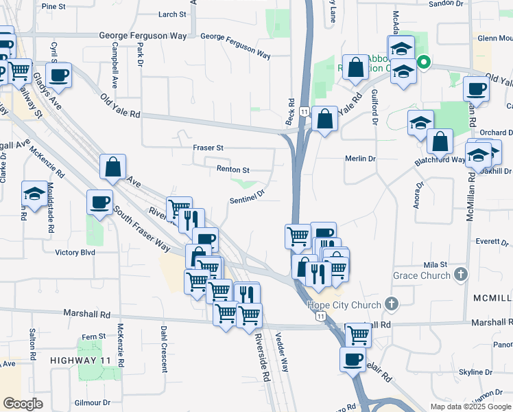map of restaurants, bars, coffee shops, grocery stores, and more near 34326 Russet Place in Abbotsford