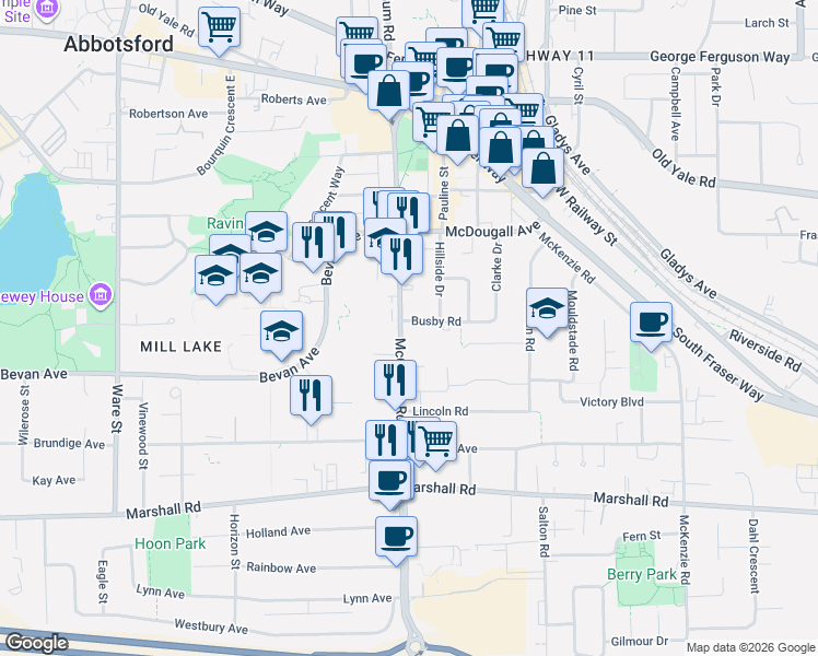 map of restaurants, bars, coffee shops, grocery stores, and more near 2241 Bevan Avenue in Abbotsford