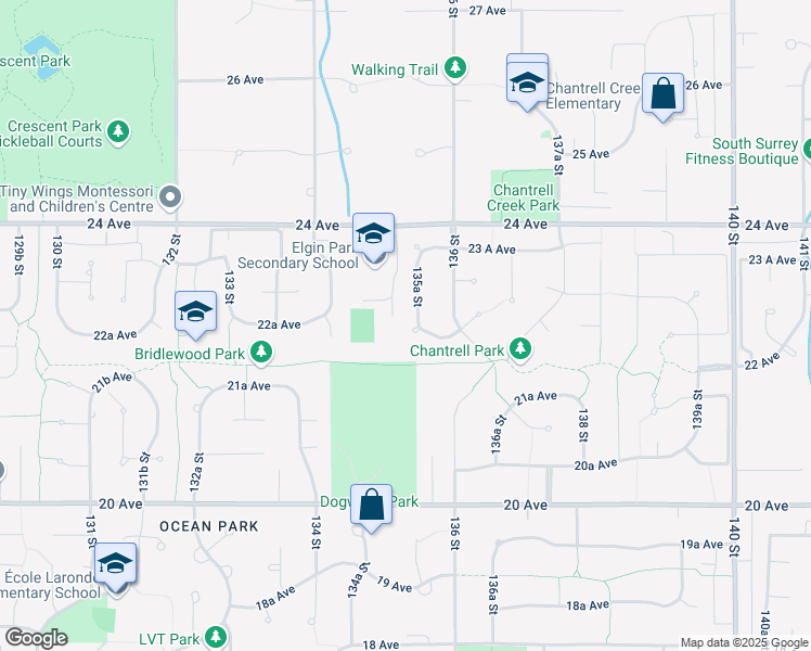 map of restaurants, bars, coffee shops, grocery stores, and more near 2255 135A Street in Surrey