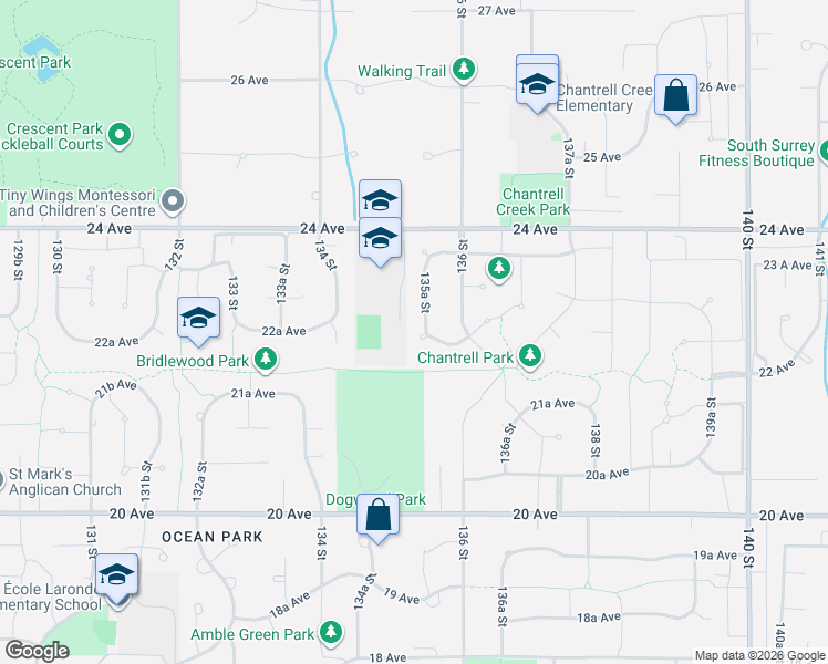map of restaurants, bars, coffee shops, grocery stores, and more near 2255 135A Street in Surrey